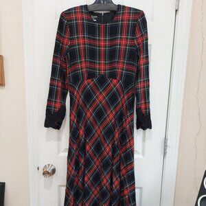 Vintage Donna Morgan Plaid Tartan Maxi Dress Black Lace Cuffs Velvet Buttons Sz8